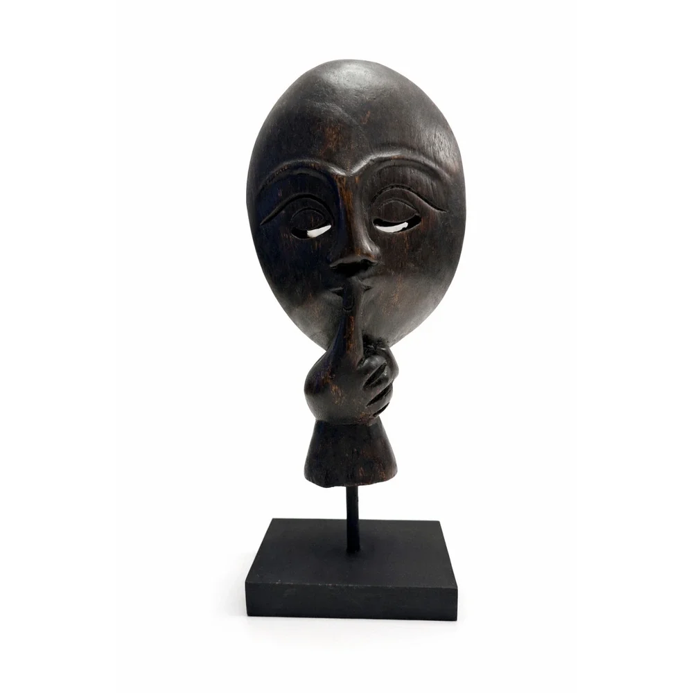 Hand-Carved Wooden “Shh” Mask Sculpture on Stand – African Style Art Decor